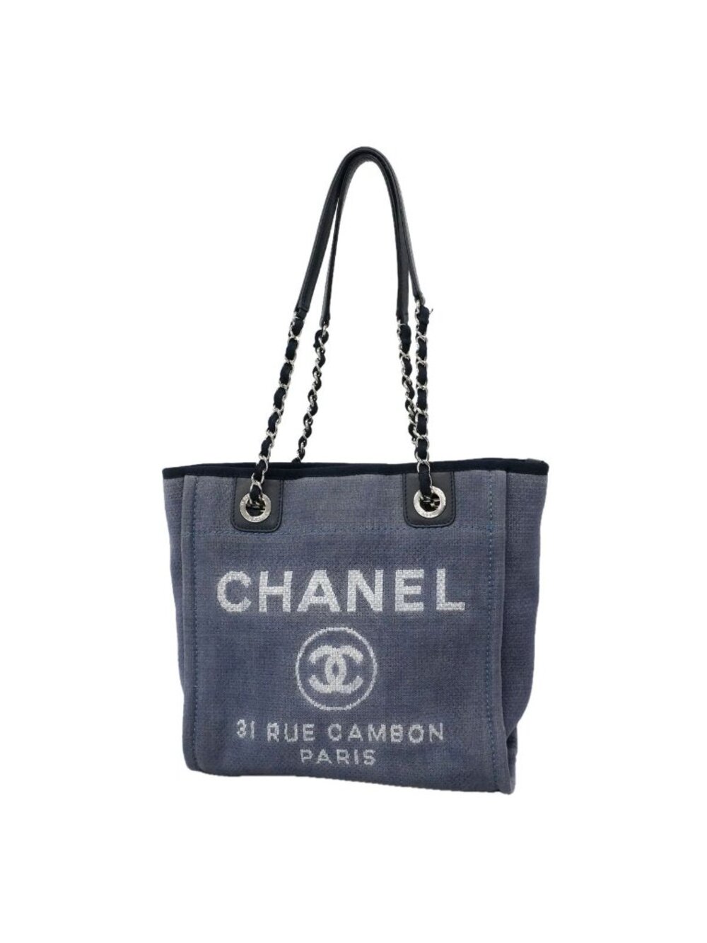 Chanel Chain Tote Bag Deauville Canvas Navy Silver